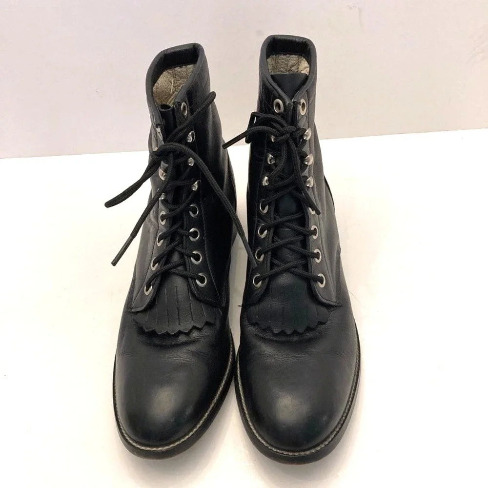 Justin Boots Roper Lace Up Western Boots Jr Girls 5 D Black Leather 620Y Kiltie‎
